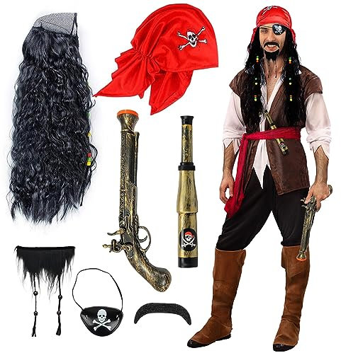 Piraten Kostüm Erwachsene, Piratenkostüm mit Piraten Perücke Schnurrbart Herren Piratenkapitän Bandana Piraten Pistole Fernrohr Augenklappe Zubehör für Karneval, Halloween, Piraten Party Kostüm