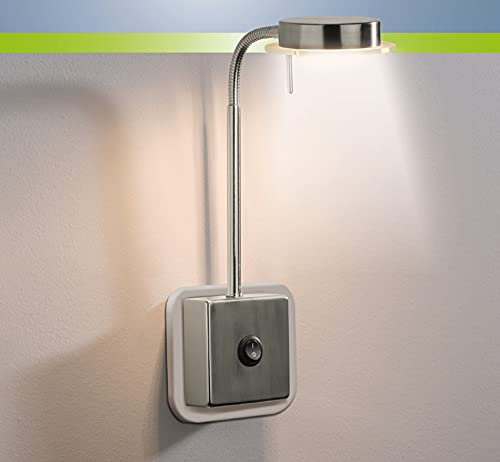 Trango 2605 LED Steckerleuchte in Edelstahl-Optik inkl. 5 Watt LED Modul 3000K warmweiß Leuchtmittel, Wandleuchte, Leselampe, Küchenlampe, Nachtlicht Wandlampe, Küchenlampe, Steckdose Lampe