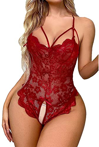 Satohom Women's Lace Bodysuit Sexy Lingerie One Piece Teddy Underwear Deep V Transparent Bodysuit Halter Leotard Naughty Sleepwear Backless Negligee for Women, M/L