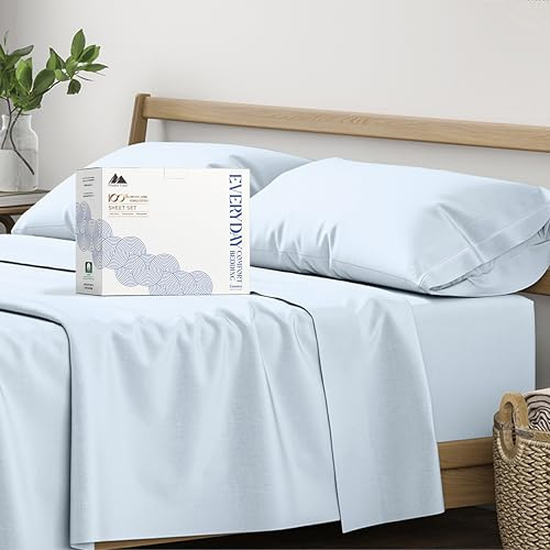 Mayfair Linen 100% Organic Cotton Sheets Queen Size - 4 PC Organic Cotton Queen Size Percale Weave Sheet Set, Soft, Cooling, Crisp & Breathable, 16 Deep Pocket Hotel Quality Bedding Set - Light Blue