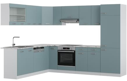 Vicco Eckküche R-Line, Blau-Grau, 287 x 46 cm ohne Arbeitsplatte, mit modularen Elementen flexibel erweiterbar
