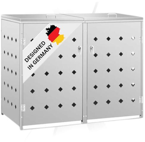 DELUKE 2er Mülltonnenbox SOGI Edelstahl | 138x115x77,5cm Silber | Mülltonnenverkleidung für 2 Tonnen 240L Müllbox aus Metall Mülltonnenschutz Mülltonnendach