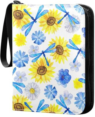 Sammelkartenalbum mit Sonnenblumen- und Libellenmotiv, 4 Taschen, Kartenordner, 50 Seiten, 400 Karten, PU-Reißverschluss, Kartenbinder, Aufbewahrungshalter für Sportspielkarte