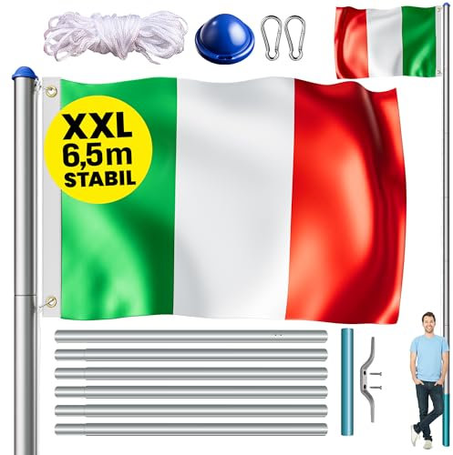 MONZANA® Set Montaggio Bandiera con Asta in Alluminio 6,5 m Incl. Fune Moschettone Gancio per Messa a Terra Regolabile in Altezza