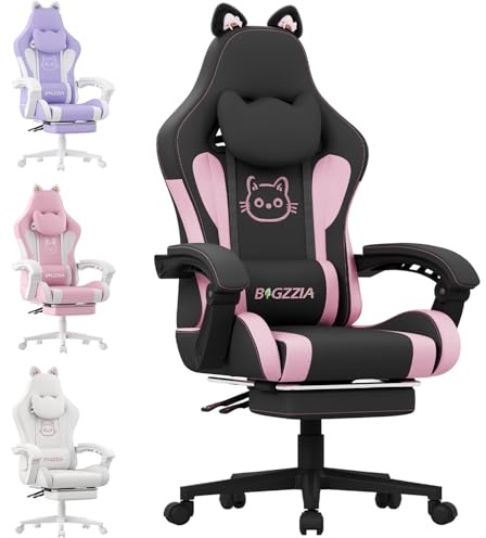 bigzzia Silla Gaming,Silla Gaming ergonómica con Orejas de Gato para niñas, niños y Adultos, Silla de Juegos de Ordenador Ajustable en Altura con reposacabezas y Soporte Lumbar de Masaje (Negro Rosa)