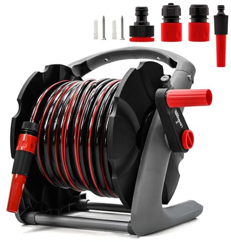 LEHMANN Tuyau Arrosage avec Enrouleur - 20 m Tuyau - Dévidoir Mural - Mobile avec Poignée de transport - Buse d’arrosage - Raccord pour Tuyau 1/2 / 3/4 - Raccord pour Robinet 3/4