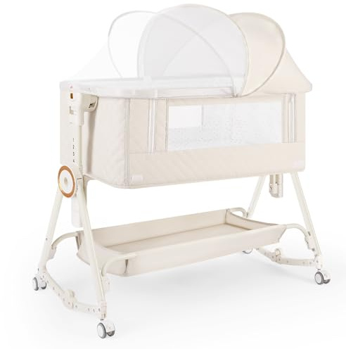 HOLAVIDA 5 en 1 Cuna Colecho, Moises para Bebe, Ajustables Colecho Bebe Cuna con Cambiador, Cesta de Almacenamiento, Mosquitera, Colchón, Portable Crib Mecedora para Recién Nacidos (Beige)
