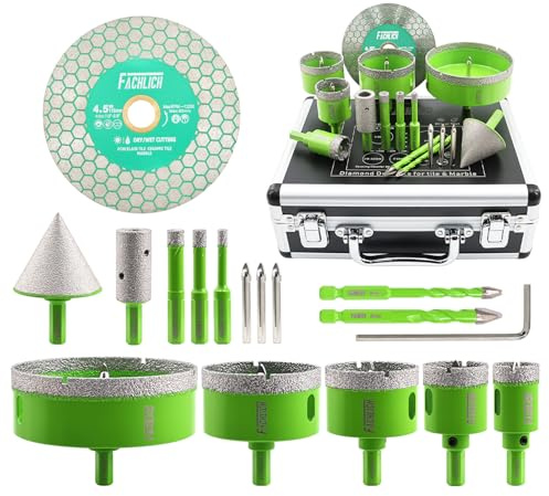 FACHLICH Punte Diamantate Gres Porcellanato - (6/8/10/25/35/50/65/100mm+20mm Fresa+50mm Punte Smusso+ 6/8mm Trapano Eccentrico Carburo+3 Punta Centratura+115mm Disco Diamantate) Trapano Diamantate