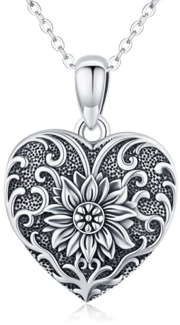 Collar con medallón de girasoles de plata de ley 925 con forma de corazón con medallón que sostiene imágenes fotos personalizadas collar colgante para mujeres niñas
