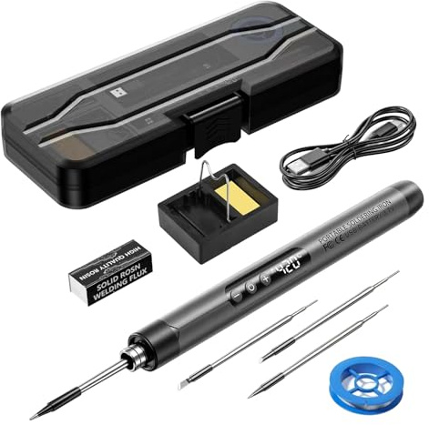 NEOVSUNY Set saldatore a batteria, USB ricaricabile con LCD, senza fili, temperatura regolabile 260 – 420 ℃, 3 punte per saldatura, filo per saldatura, set regalo fai da te