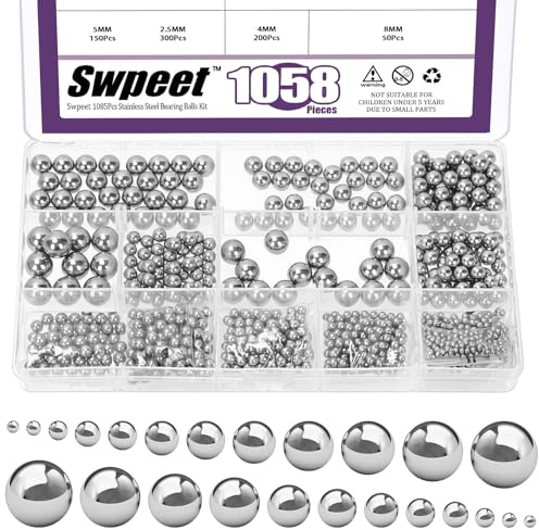 Swpeet 1085Pcs 13 Dimensioni 2mm 2.5mm 3mm 3.5mm 4mm 4.5mm 5mm 5.5mm 6mm 7mm 8mm 9mm 10mm Kit a sfere di cuscinetti in acciaio inossidabile di precisione metrica 304, palle assortite di cuscinetti