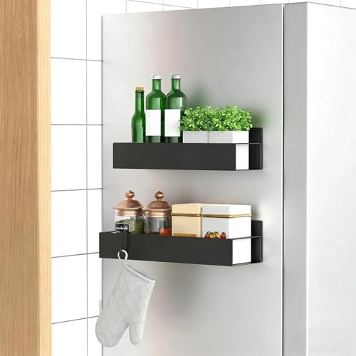 LWLWA 2 Pezzi Portaspezie da Parete, Ripiano Magnetico per Frigorifero, Mensole Magnetiche Frigo con 4 Ganci, Salvaspazio Porta Spezie per Cucina Nero, per Cucina, Bagno e Camera da Letto
