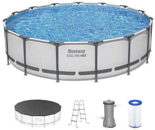 Bestway Steel Pro MAX 15' x 42 Above Ground Pool, Round Metal Frame Outdoor Swimming Pool Set with Filter Pump, Ladder, and Cover, Gray