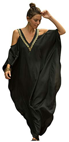 Tunique Longue Femme été Grande Taille Boho Robe Epaule Froide Caftan Indien Africain Kaftan Long Kimono Ethnique Cache Maillot de Bain Poncho Motif Fleur Pareo Plage Bikini Cover Up ZSCPDN0241BK