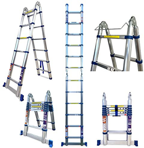 KELI - Echelle Télescopique Double Plan, Echelle Pliante 2 en 1 Echelle Escamotable, Fabriquée en Aluminium de Qualité Professionnelle, Certifiée à 150kg EN131 CE (380 CM)