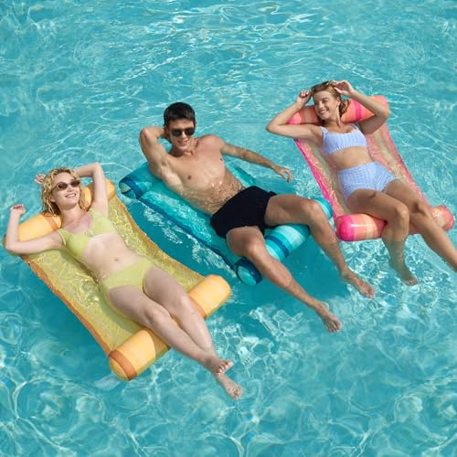 Sloosh 3 Pack 4-in-1 Inflatable Pool Floats, Water Hammock Lounges, Multi-Purpose Swimming Pool Accessories (Saddle, Lounge, Hammock, Drifter) for Pool, Lake, Outdoor, Beach (Cyan/Orange/Red)