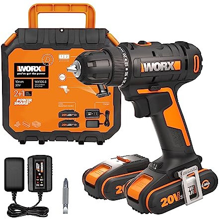 WORX 18V (20V) Akku-Bohrschrauber WX100.3, PowerShare, max. 30 Nm Drehmoment, variable Drehzahl, LED-Licht, 10 mm schlüsselloses Bohrfutter, 2 Akkus im Lieferumfang Orange & Schwarz