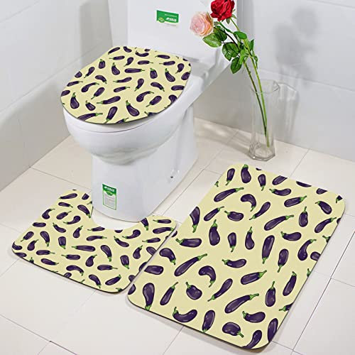 Rutschfeste Badematten 3 teiliges Set,Auberginen, Auberginen und hellgelber Hintergrund Frische Köstlichkeiten Mi,Hohe Wasseraufnahme, weiche Mikrofaser, WC-Vorleger, WC-Sockelmatte, maschinenwaschbar