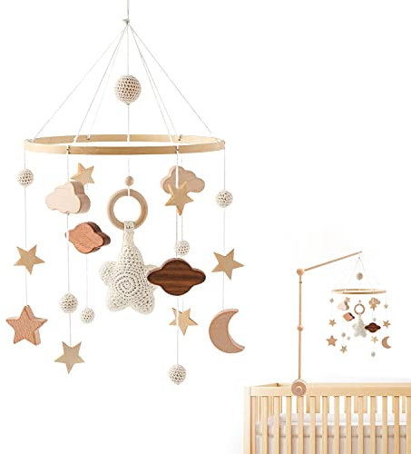 TUZHE Carillon éolien, mobile, pour bébé, avec nuages, étoiles, fait à la main, en bois, pour bébé fille ou garçon, jouet hochet (étoiles pleines)