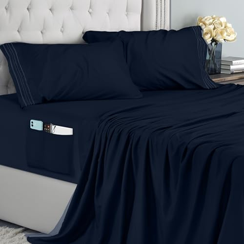 Utopia Bedding Juego de Sabanas 4 Piezas 150x200 - Microfibra De Poliéster, Sábana Bajera con Bolsillos de Almacenamiento, Sábana Plana Y 2 Fundas De Almohada Bordadas (Cama 150, Azul Marino)