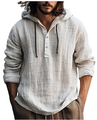 SOOUICKER Leinenhemd Herren mit Kapuze Langarm Vintage Hoodie Leinen Regular Fit Sport Langarmshirt mit Knopfleiste Sweatjacke Hoodie