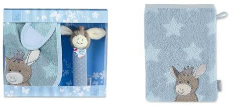 Sterntaler Geschenk-Set Emmi, Klettlätzchen und Greif-Figur, Alter: ab 0 Monaten, Hellblau/Mehrfarbig & 7202000 Waschhandschuh Emmi, blau