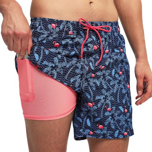 outfit spring Badbyxor för män, 2-i-1 kompressionsshorts nätfoder, snabbtorkande andningsbara strandshorts med fickor och dragsko shorts med kort hav surf, Flamingo Blå, L