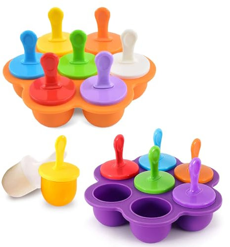 mizikuu Lot de 2 moules à glace en silicone, 7 cavités avec bâtonnets en plastique colorés, sans BPA, mini moules à glace, moules à popsicle pour enfants, pour congeler des fruits ou des jus de fruits