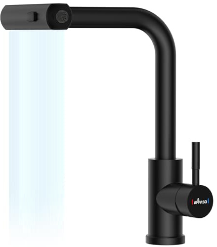 APPASO Waterfall Tap Black, Waterfall Kitchen Mixer Tap with Pull Out Spray, Stainless Steel Sink Taps with 3 Functions, 360° Swivel Single Handle Tap Mixer 1 Hole, Kitchen Faucet, Black