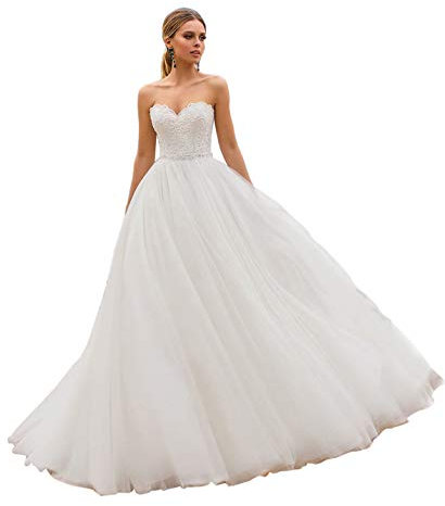 LNNLSS Principessa Lungo Tulle Abito da Sposa Vintage Senza Spalline Abito da Sposa a Line Eleganti Abiti da Sposa per Le Donne, Avorio, 48