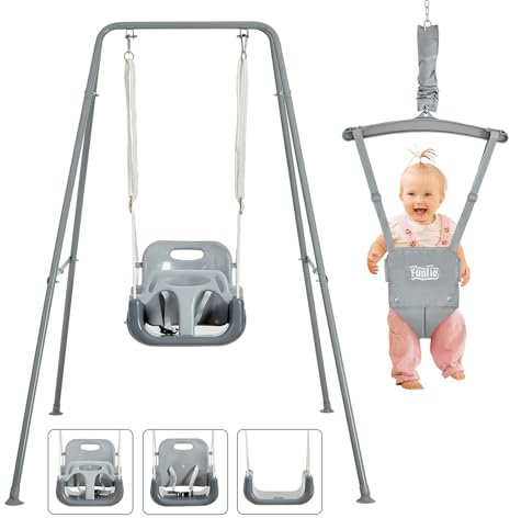 FUNLIO 2-in-1 Altalena e Altalena da Porta per Bambini, Altalena Resistenti con 4 Sacchi di Sabbia, Supporto in Metallo Pieghevole per Giochi al Coperto/Esterno, Facile da Montare e Riporre - Grigio
