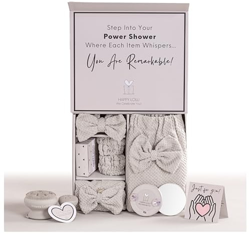 Happy Lolli Power Shower presentset: Lyxiga badtillbehörskorg för kvinnor och tonårstjejer – inkluderar kropps- och hårhandduk, armband, pannband, ansiktssvamp och mer – stärk din rutin (fräsch i