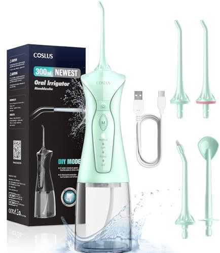 COSLUS Idropulsore Dentale Portatile: 300ml Irrigatore Orale Senza Fili, 4 Modalità Idropulsore Dentale, Vincitore del Test 30 Giorni, Facile da Usare, IPX7 Impermeabile, Verde