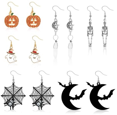 Boucles d'Oreilles Halloween - 6 Paires, Accessoires et Bijoux pour Femmes et Filles, Décorations d'Halloween (A)