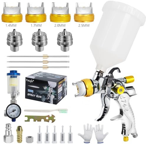Potufa Pistola Pintura HVLP con Compresor, 4 Boquillas (1.4/1.7/2.0/2.5 mm), Pistola Pulverizadora Profesional por Gravedad con Vaso de 600 ml - para Coche, Madera, Paredes - Amarillo