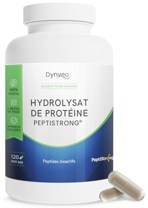 Hydrolysat de Protéines PeptiStrong™ 600mg, 120 Gélules - Issu de protéines de fèves hydrolysées - 100% Naturel et Végétarien - Sans Additif - Sport, Musculation - Fabriqué en France - DYNVEO