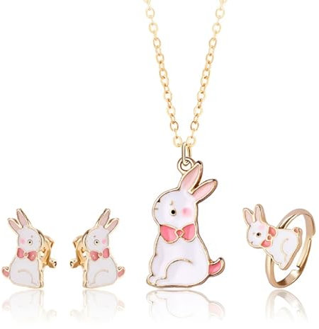 EIR 4 Stück Hase Halskette Ring Ohrringe für Mädchen,Hase Halskette,Osterhasen Anhänger,Rabbit Necklace,Kinderschmuck,Ostern Kaninchen Halskette,Mädchen Geschenke