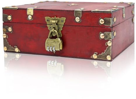 Forbabe Coffre au trésor en bois - 24 x 17 x 10 cm - Vintage - Avec serrure - Pour enfants - Cadeau de mariage - Pour le rangement et la décoration - Rouge