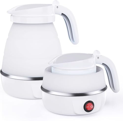 Foldable Electric Kettle for Travel, Portable Collapsible Silicone Boiler, Tea/Coffee Maker with Detachable Power Cord, Ideal for Outdoor Hiking, Caravan, and Bedroom Use(White)