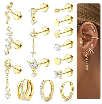 CASSIECA 15 Pcs Boucles d'Oreilles Helix et Piercing Anneaux en Acier Chirurgical pour Cartilage, Tragus, Conch Lobe - Femme