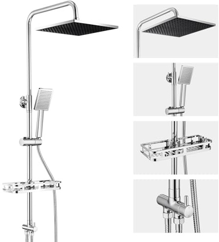 Auralum Adjustable Shower Riser Rail Kit with No Drill Shelf,10 Large Rainfall Shower Head,Square Handheld Shower with Rotating Bracket, Chrome Shower Set Easy DIY Install Fits UK Bathrooms