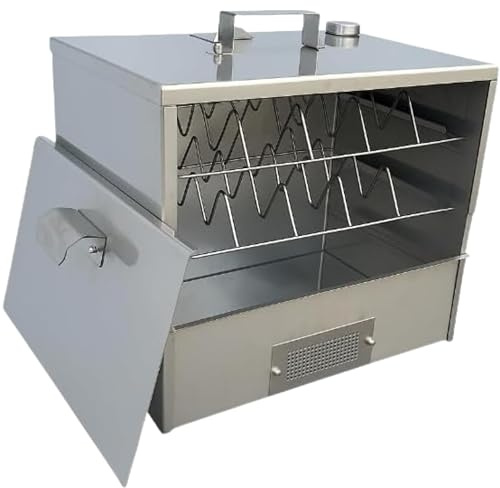 Jaeger Räuchereiprodukte | Räucherofen Edelstahl TROS 33 33x41x30 cm mit 250°C Thermometer, Flachrost, Fischkorb, Tropfblech, Räuchermehlschale & 500 g Räuchermehl – Tischräucherofen