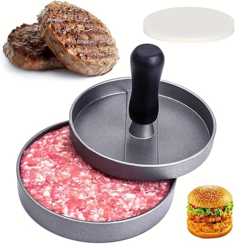 Z-YUEZ Aluminum Non-Stick Hamburger Press - Burger Press | with 100 Free Patty Papers for BBQ Burger Maker, with ABS Handle, for Making Stuffed Pocket Burgers Baking Beef Grill BBQ
