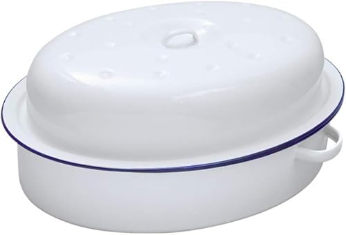 Bargain Crown 36cm White Enamel Oval Roaster Dish with Lid – Large Heavy-Duty Roasting, Baking & Casserole Pan – Vintage Style with Blue Rim – Self-Basting Lid, Oven to Table Serving