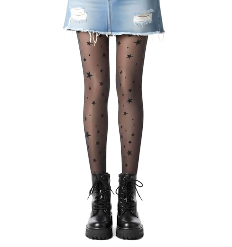 Thrymme Patterned Tights for Women, Cute Black Star Patterned Tights for Women Funky Black Star Printed Sheer Stockings Emo Style Perfect for Parties & Casual Wear