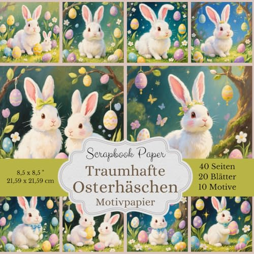 Traumhafte Osterhäschen – Scrapbook Papier Kollektion: Motivpapier quadratisch, 21,59 x 21,59 cm, 10 Motive, 20 Blätter 40 Seiten, Für Scrapbooking, Collagen, Osterdeko und DIY