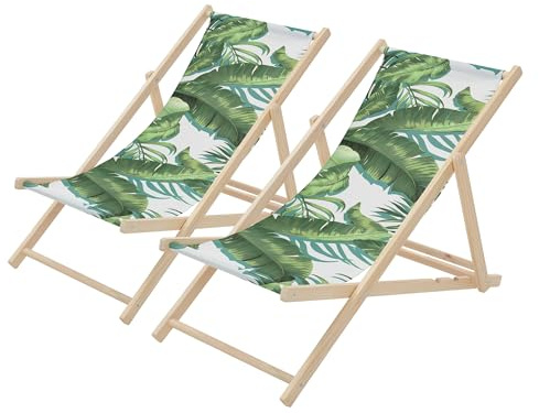 ECD Germany Lot de 2 Chaises Longues Pliantes en Bois Chiliennes, Motif Tropical, Vert-Blanc, Dossier Réglable, 3 Positions de Couchage, jusqu'à 120 kg, Bain de Soleil en Tissu, Plage ou Jardin