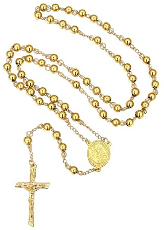 FaithHeart Collana Rosario Cristiano Medagila San Michele Argento Nero Oro Catena Lunga di Perline Preghiera 66+16 CM Collana Amuleto Gioielli Religiosi Regalo Compleanno