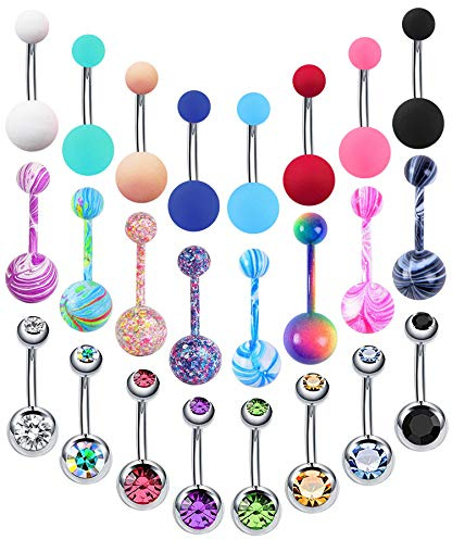 EVELICAL 24Pcs 14G Stainless Steel Belly Button Rings for Women Screw Navel Bars Body Piercing Jewelry Set Style 1