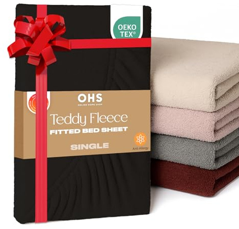 Brentfords Teddy Fleece Fitted Sheet, Soft Warm Single Fitted Sheet Thermal Luxury Winter Bedding Bed Sheets Fluffy Cuddly Teddy Bear Bedding Bed Cover Easy to Use Fit, Black